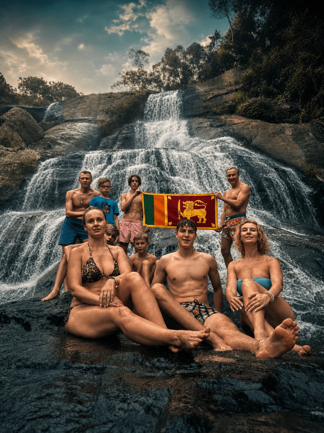 Участники тура у водопада на Шри-Ланке
